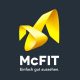 McFIT gym chain's square logo on a gray background. McFIT is an European cheap gym chain and this is the German first original logo with the paypoff under a yellow stylized M: Einfach gut aussehen. Discover more at: www.chickenmango.com